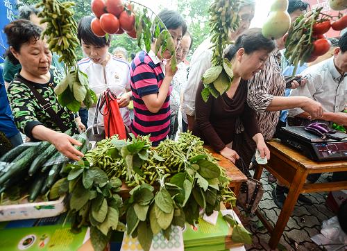 6月15日,杭州市民在臨安優(yōu)質(zhì)農(nóng)產(chǎn)品推介現(xiàn)場選購生態(tài)綠色蔬菜。新華社記者 徐昱攝