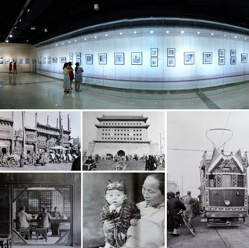 拼版照片:首都圖書館展覽的西德尼·甘博拍攝的老北京珍貴影像(6月18日攝)。日前,“一百年前的北京社會”——西德尼·甘博攝影圖片展覽在北京首都圖書館舉行。展覽共展出美國社會學家西德尼·甘博在1908到1931年間拍攝的100多張反映北京生活、民俗、建筑等方面的照片,其中還包括了孫中山葬禮等珍貴影像。此次展覽活動是北京首都圖書館建館100年系列文化活動之一。新華社記者 李欣 攝