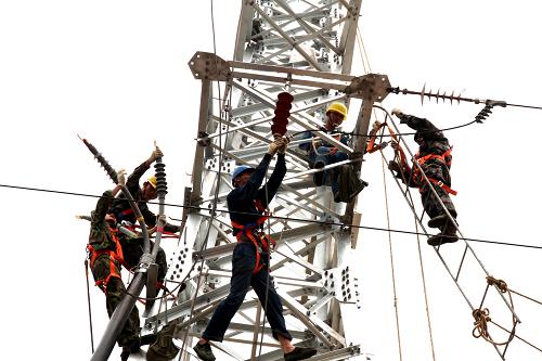 6月18日,國家電網(wǎng)山東莒南縣供電公司的工作人員冒著酷暑進(jìn)行電網(wǎng)升級(jí)。新華社發(fā)(胡順剛攝)