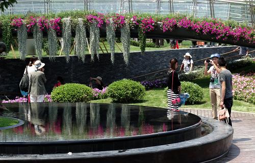 游客在園博園的園林景觀內(nèi)留影(6月18日攝)。新華社記者 李欣 攝