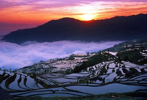 6月22日,在柬埔寨金邊舉行的第37屆世界遺產(chǎn)大會投票通過中國云南哈尼梯田列入聯(lián)合國教科文組織世界遺產(chǎn)名錄。這是冬季朝陽下的云南紅河哈尼梯田。新華社發(fā)