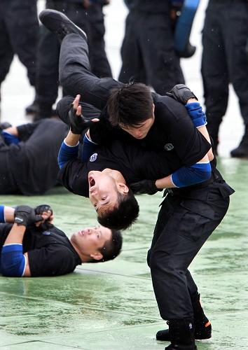 6月27日,特警隊(duì)員在進(jìn)行擒拿格斗。新華社記者 凡軍 攝