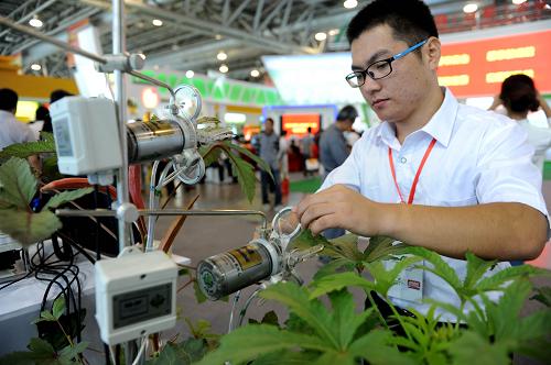 9月13日,一名參展工作人員為植物秋葵做“心電圖”,通過監(jiān)測植物生理特征的本體感知監(jiān)測儀,對植物葉片溫度、莖流量、果實大小、莖稈粗細(xì)、蒸騰量、光合作用等數(shù)據(jù)進行精準(zhǔn)采集。當(dāng)日,為期3天的2013中國安徽(合肥)農(nóng)業(yè)產(chǎn)業(yè)化交易會(簡稱“農(nóng)交會”)在安徽國際會展中心開幕,來自國內(nèi)外近千家企業(yè)參展。此次農(nóng)交會展館總面積2.4萬平方米,重點展示安徽農(nóng)業(yè)產(chǎn)業(yè)化發(fā)展成就和全國名優(yōu)農(nóng)產(chǎn)品。新華社發(fā)(陳彬 攝)
