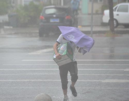 11月10日,三亞街頭的一位行人冒雨過(guò)街。新華社記者 張永峰 攝