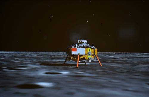 12月14日,嫦娥三號平穩(wěn)落月,中國首次地外天體軟著陸成功。這是北京飛控中心大屏幕上顯示的平穩(wěn)落月的嫦娥三號探測器。新華社記者 李鑫 攝