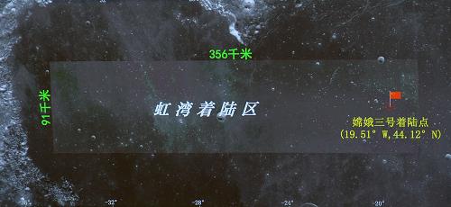 12月14日,嫦娥三號平穩(wěn)落月,中國首次地外天體軟著陸成功。這是北京飛行控制中心大屏幕上顯示的虹灣著陸區(qū)和嫦娥三號著陸點。新華社記者 李鑫 攝