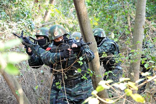 1月7日,武警特戰(zhàn)隊(duì)員交替掩護(hù),在山林中搜索前進(jìn)。新華社發(fā) (黃勛 攝)