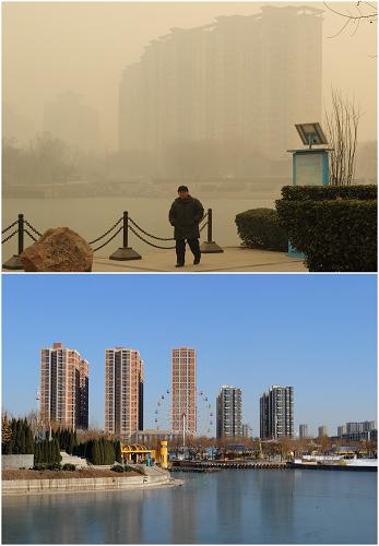 河北省石家莊市水上公園(上圖:2013年12月22日攝,下圖:2013年12月26日攝;拼版照片)。據(jù)河北省環(huán)保廳數(shù)據(jù)顯示,全省2013年全年空氣達標天數(shù)129天,達標率僅35.3%,低于全國平均水平20個百分點左右;重度污染以上天數(shù)80天,占總天數(shù)的21.9%。首要污染物是PM2.5和PM10。新華社發(fā)(牟宇 攝)