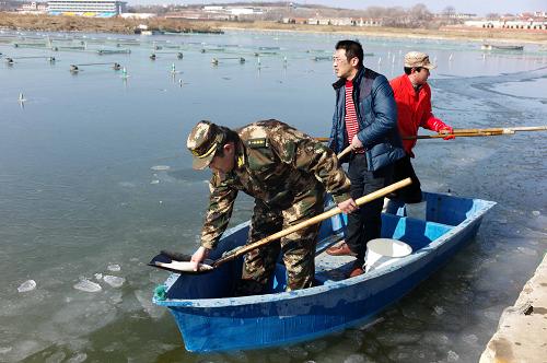 2月11日,邊防民警幫助養(yǎng)殖戶王言鵬(中)為養(yǎng)殖魚類破冰增氧。新華社發(fā)(臧保東攝)