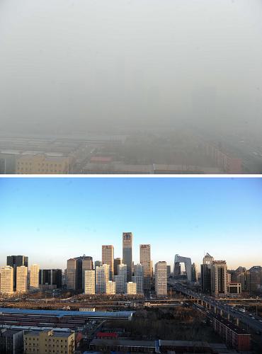 上圖:2月26日拍攝的湮沒在霧霾中的北京東三環(huán)建筑群。下圖:2月27日拍攝的藍天下的北京東三環(huán)建筑群(拼版照片)。新華社記者 羅曉光 攝