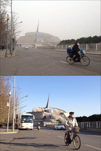 上圖為2月26日拍攝的籠罩在霧霾中的北京世紀壇。下圖為2月27日上午,市民從北京世紀壇前經(jīng)過(拼版照片)。