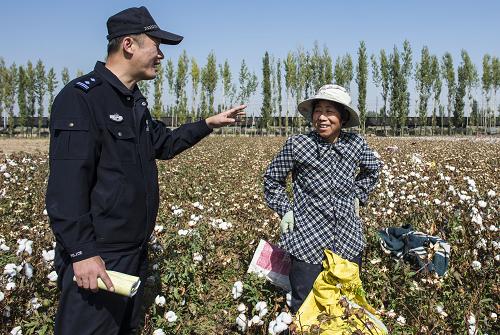 9月24日,在新疆呼圖壁縣大豐鎮(zhèn)小河村的一處棉田內,烏魯木齊鐵路公安處呼圖壁站派出所所長張磊(左)提醒拾花工注意鐵道周邊安全。新華社記者 王菲 攝