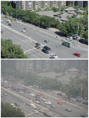 上圖:這是9月25日下午拍攝的北京市西城區(qū)菜市口大街;下圖:這是9月29日下午拍攝的北京市西城區(qū)菜市口大街(拼版照片)。當(dāng)日上午10點,北京市氣象局發(fā)布霾黃色預(yù)警,預(yù)計今天白天到夜間,北京市將出現(xiàn)中度霾,易形成空氣污染。新華社發(fā)(孟濤 攝)