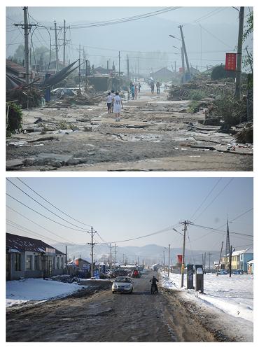 拼版照片:上圖為撫順市清原滿族自治縣南口前火車站附近居民區(qū)在洪水后變得一片狼藉(8月17日攝)。下圖為這片居民區(qū)經(jīng)過平整后的道路(11月21日攝)。新華社記者 潘昱龍 攝