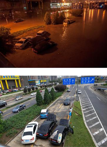 拼版照片:上圖為暴雨中出現(xiàn)嚴(yán)重積水的安立路立水橋路段(7月21日攝);下圖為積水清除后暢通的安立路立水橋路段,浸泡車輛正等待救援(7月22日攝)。新華社記者 張宇 攝
