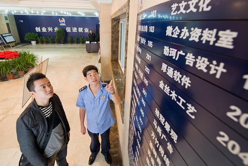 南川區(qū)微型企業(yè)創(chuàng)業(yè)服務(wù)中心的工作人員(右)在創(chuàng)業(yè)中心入駐微企指示牌前為一名前來咨詢的創(chuàng)業(yè)者介紹情況(9月19日攝)。新華社記者 劉潺 攝