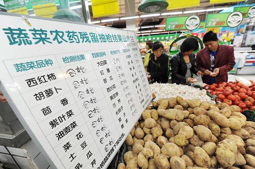 9月25日,在寧夏銀川某大型超市內(nèi),市民在蔬菜農(nóng)藥殘留檢測合格區(qū)內(nèi)選購蔬菜。近日,記者從銀川市財政局獲悉,今年,為保障檢測部門對全市各類市場銷售的瓜果蔬菜農(nóng)藥殘留的監(jiān)測力度,銀川市已撥付78萬元檢測專項資金。今年,銀川市疾病預(yù)防控制中心食品(藥品)公共安全檢驗檢測中心加大了對市轄區(qū)大中型超市、農(nóng)貿(mào)市場和蔬菜批發(fā)市場蔬菜、水果農(nóng)藥殘留的監(jiān)測力度。截至8月底,已完成5700余份樣品檢測。8月份的檢測結(jié)果顯示,被檢蔬菜、水果樣品合格率為98.4%。新華社記者 彭昭之 攝