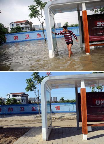 浙江余姚:城區(qū)積水漸退 上圖:10月9日,余姚市區(qū)一個(gè)公交站,一名男孩淌水前行;下圖:10月12日,同一公交站,積水已經(jīng)退去(拼版照片)。 10月12日,浙江余姚巿召開新聞發(fā)布會(huì)表示,截至當(dāng)日14時(shí),姚江水位已下降到4.57米,余姚城區(qū)四街道10個(gè)社區(qū)、10個(gè)住宅小區(qū)(包括城中村)正在全力排澇。據(jù)當(dāng)?shù)卣A(yù)計(jì),再經(jīng)過兩天的努力,余姚城區(qū)積水可基本消除。 新華社記者韓傳號(hào)攝
