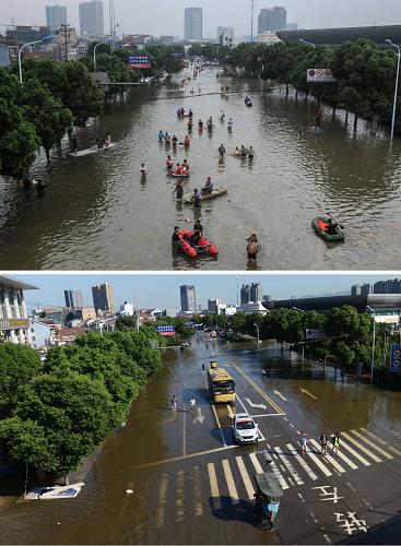 上圖:10月9日,市民在余姚陽(yáng)明西路的積水路段通行;下圖:10月12日,相同位置拍攝的余姚陽(yáng)明西路,積水已經(jīng)減少(拼版照片)。 10月12日,浙江余姚巿召開新聞發(fā)布會(huì)表示,截至當(dāng)日14時(shí),姚江水位已下降到4.57米,余姚城區(qū)四街道10個(gè)社區(qū)、10個(gè)住宅小區(qū)(包括城中村)正在全力排澇。據(jù)當(dāng)?shù)卣A(yù)計(jì),再經(jīng)過兩天的努力,余姚城區(qū)積水可基本消除。 新華社記者韓傳號(hào)攝