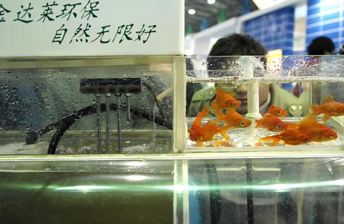11月18日,參觀者在博覽會上觀看一款低耗能的污水處理系統(tǒng)。左下角的缸內是污水,經(jīng)過右下角的設備凈化,過濾后的水可以重新使用,甚至可以飼養(yǎng)金魚。11月17日至21日,低碳與生態(tài)技術博覽會在南昌舉行,3000多個展位全面展示了近年來國內外在環(huán)保、節(jié)能減排、科技創(chuàng)新等領域的各項成果,使公眾體驗到“低碳”生活的魅力。新華社發(fā)(周密 攝)