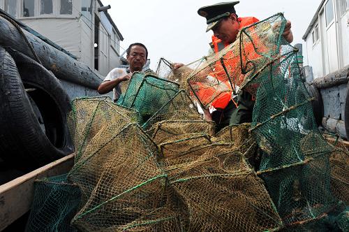 7月25日,青島海泊河邊防派出所警官在轄區(qū)海面查獲一條正在偷布“絕戶籠”的漁船。據介紹,這種串接的方形網籠,可在海中伸展數里,攔截海中魚蝦,魚蝦蟹不管個頭大小,一旦進入籠中,便不可能能逃脫,漁民稱之為“絕戶籠”。目前,黃渤海正處于伏季休漁期,青島公安邊防、漁政等部門持續(xù)開展伏季休漁期專項整治,通過出海登記、海上巡邏、突擊檢查等形式,對擅自出海捕魚的漁船進行扣押,并收繳、銷毀偷漁網具,切實維護海洋漁業(yè)資源和生態(tài)平衡。新華社記者 李紫恒 攝