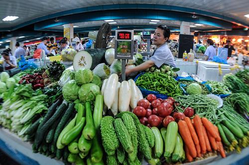 7月9日,浙江杭州萬壽亭農(nóng)貿(mào)市場的一名蔬菜攤主在等待顧客。當(dāng)日,國家統(tǒng)計局發(fā)布數(shù)據(jù)顯示,6月份我國居民消費(fèi)價格總水平(CPI)同比上漲2.2%,漲幅比上月回落0.8個百分點(diǎn)。 新華社記者韓傳號攝