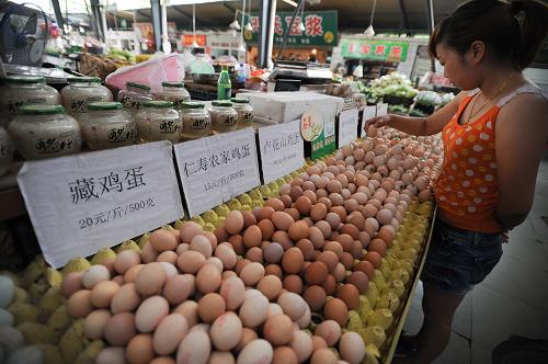 成都市一家雞蛋攤點出售的藏雞蛋價格高達20元每斤(8月12日攝)。目前全國雞蛋價格逼近上一輪漲勢(6月11日)的價格高點。據(jù)新華社全國農(nóng)副產(chǎn)品和農(nóng)資價格行情系統(tǒng)監(jiān)測數(shù)據(jù)顯示,8月11日,普通鮮雞蛋全國日均價較7月21日價格上漲7.3%,較6月11日價格僅低0.4%。記者在成都市一家市場看到,雞蛋售賣價格最高為20元一斤,最低為4.7元一斤。