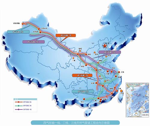 這是西氣東輸一線、二線、三線天然氣管道工程走向示意圖。新華社發(fā)
