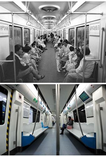 1984年9月20日開始正式運(yùn)營(yíng)的北京第二條地鐵(2號(hào)線)車廂內(nèi)景(上,資料照片);2012年12月30日開通的10號(hào)線二期車廂內(nèi)景(下,2012年12月30日攝)對(duì)比。新華社記者 羅曉光 攝