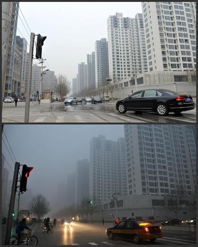 上圖:這是3月6日拍攝的石家莊市東崗路與談固東街交叉口。下圖:這是2月16日拍攝的石家莊市東崗路與談固東街交叉口。當(dāng)日石家莊市出現(xiàn)霧霾天氣。(拼版照片)記者從河北省政府獲悉,按照3月4日出臺的《河北省空氣重污染應(yīng)急管理辦法(暫行)》,河北省出現(xiàn)空氣重污染情形時(shí),將采取“機(jī)關(guān)和企事業(yè)單位停駛部分公務(wù)用車”“對機(jī)動車實(shí)施區(qū)域限行或尾號限行”等強(qiáng)制性措施。