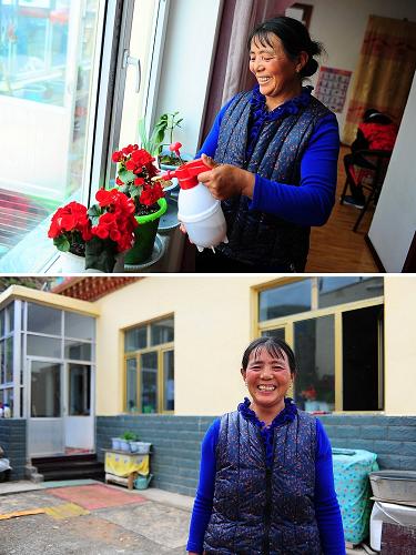 上圖:結(jié)古鎮(zhèn)的尼瑪拉陽在家中給花澆水;下圖:尼瑪拉陽在家門前留影(7月13日攝,拼版照片)。尼瑪拉陽的家在三年前的地震中變成了廢墟,震后,政府為她修建了一套80平方米的住房,房子里水、電、暖齊全,尼瑪拉陽非常感激黨和政府及全國人民對他們的幫助,很滿意現(xiàn)在的生活。眼下已進(jìn)入玉樹災(zāi)后重建的收官階段,三年來一磚一瓦重建的新玉樹初顯雛形。在各界人士的愛心支援下,經(jīng)過祖國各方援建單位的辛勤勞動,美麗的新玉樹已從廢墟中涅槃重生。新房、新村、新校園......玉樹人迎接著新生活的到來。