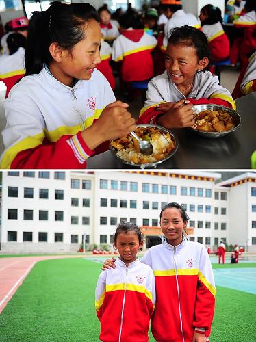 上圖:玉樹八一孤兒學(xué)校學(xué)生拉毛(左)和才增永拉在學(xué)校食堂吃飯;下圖:才增永拉(左)和拉毛在操場上合影(7月13日攝,拼版照片)。震后重建的八一孤兒學(xué)校學(xué)習(xí)、生活設(shè)施齊全,孩子們在這里快樂地學(xué)習(xí)和生活。