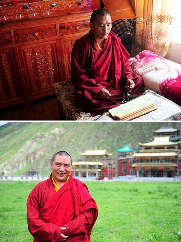 上圖:玉樹禪古寺的僧人永丁在新修的僧舍里念經(jīng);下圖:永丁在新修建的禪古寺前(7月14日,拼版照片)。玉樹地震時,禪古寺大殿、僧舍倒塌嚴(yán)重,震后,禪古寺在政府幫助下選擇異地重建,僧舍條件有了很大改善。