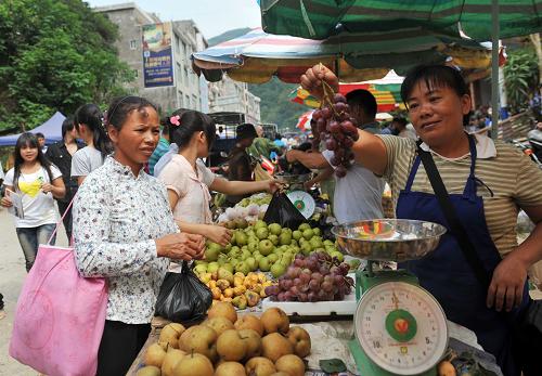 8月10日,中越邊民在圩日上進(jìn)行水果交易。在廣西那坡縣百省鄉(xiāng)的農(nóng)貿(mào)市場(chǎng),每逢圩日,都會(huì)有眾多中越邊民來(lái)到這里進(jìn)行各類商品買賣,年邊貿(mào)額在4000萬(wàn)元以上。百省鄉(xiāng)位于那坡縣南部,是中越邊境貿(mào)易的主要市場(chǎng)之一,主要經(jīng)營(yíng)進(jìn)出口的土特產(chǎn)及藥材等。新華社記者 張愛(ài)林 攝