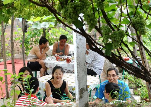 8月8日,游客在山西清徐縣一處農(nóng)家樂(lè)的葡萄架下吃飯。有著“葡萄之鄉(xiāng)”美譽(yù)的山西省清徐縣,近年來(lái)通過(guò)采摘、農(nóng)家樂(lè)等農(nóng)業(yè)觀光旅游主題活動(dòng)吸引游客前來(lái)。特色“農(nóng)家樂(lè)”不僅給游人提供更多樂(lè)趣,也惠及當(dāng)?shù)匕傩?。目前,清徐縣已形成連片發(fā)展的農(nóng)家樂(lè)休閑旅游景點(diǎn),年接待游客20多萬(wàn)人次,戶均增收5000余元。新華社記者 燕雁 攝