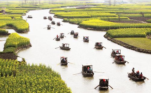 4月3日,游人乘船在江蘇興化市缸顧?quán)l(xiāng)千島菜花風(fēng)景區(qū)欣賞盛開的油菜花。新華社發(fā)(周海軍 攝)