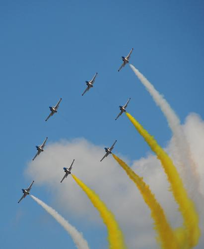 8月30日,空軍航空大學(xué)“紅鷹”飛行表演隊的8架教-8飛機在表演。新華社記者 張建 攝