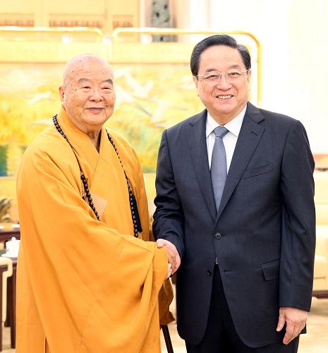 4月20日,中共中央政治局常委、全國政協(xié)主席俞正聲在北京會見臺灣佛光山開山長老星云法師。新華社記者 姚大偉 攝