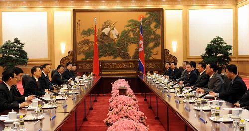 3月18日,國(guó)務(wù)院總理溫家寶在北京人民大會(huì)堂與朝鮮民主主義人民共和國(guó)內(nèi)閣總理金英日舉行會(huì)談。新華社記者 馬占成 攝