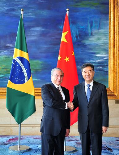11月6日,中國-巴西高層協(xié)調(diào)與合作委員會第三次會議在廣州舉行。中國國務(wù)院副總理汪洋與巴西副總統(tǒng)特梅爾共同主持會議。新華社記者 盧漢欣 攝