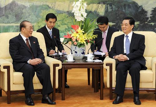7月11日,國(guó)家主席胡錦濤在北京人民大會(huì)堂會(huì)見(jiàn)朝鮮最高人民會(huì)議常任委員會(huì)副委員長(zhǎng)楊亨燮。新華社記者 饒愛(ài)民 攝