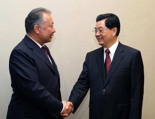 6月15日,中國國家主席胡錦濤在俄羅斯葉卡捷琳堡會見吉爾吉斯斯坦總統(tǒng)巴基耶夫。 新華社記者蘭紅光攝