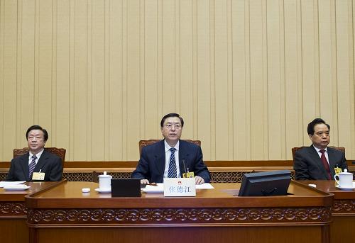 2月27日,全國(guó)人大常委會(huì)委員長(zhǎng)張德江出席十二屆全國(guó)人大常委會(huì)第七次會(huì)議閉幕會(huì)。在會(huì)議表決通過(guò)各項(xiàng)議案后,張德江發(fā)表講話。 新華社記者 王曄 攝