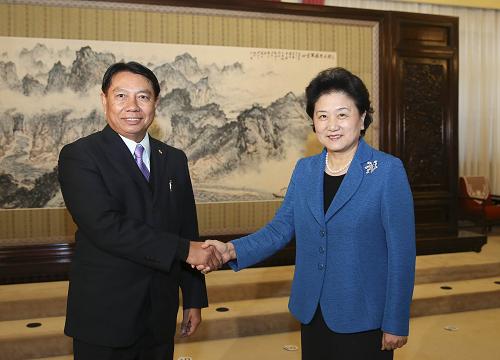 11月19日,中國國務(wù)委員劉延?xùn)|在北京中南海紫光閣會見應(yīng)邀訪華的緬甸文化部部長吳埃敏玖一行。新華社記者 丁林 攝