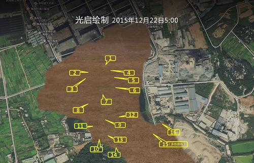 這張“泥下地圖”標(biāo)示的是已經(jīng)確定的被滑坡掩埋的多棟建筑的具體位置。12月22日，光啟科學(xué)團(tuán)隊(duì)向深圳光明新區(qū)滑坡災(zāi)害現(xiàn)場(chǎng)搶險(xiǎn)救援指揮部交接了一張“泥下地圖”，地圖繪有已經(jīng)定位的16個(gè)掩埋點(diǎn)的30多棟建筑的具體位置。為繪制這張“泥下地圖”，光啟科學(xué)團(tuán)隊(duì)調(diào)集高空觀測(cè)設(shè)備航拍，利用熱成像技術(shù)重建了整個(gè)區(qū)域的原始地理信息；同時(shí)對(duì)泥石流流向和作用力等進(jìn)行數(shù)學(xué)分析，得出樓房被沖擊后的位移以及坍塌方位，從而確認(rèn)被掩埋樓房的大體位置，指導(dǎo)人員實(shí)地搜救。新華社發(fā)