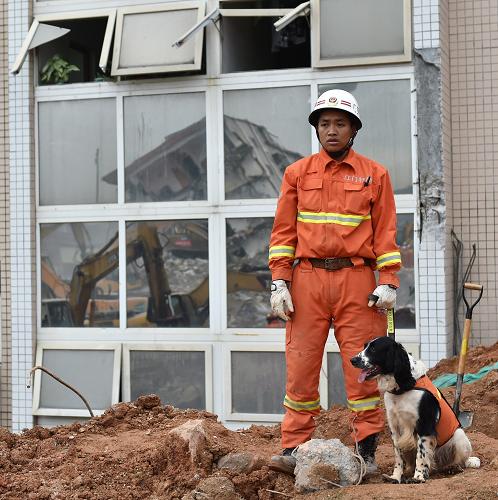 12月22日，一位救援人員和他的搜救犬在救援現(xiàn)場待命。