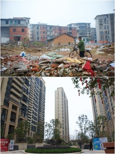 拼版照片：上圖為贛州市章貢區(qū)南外街道棚戶區(qū)原住戶郭長厚之前居住的棚戶區(qū)，下圖為郭長厚現(xiàn)今居住的小區(qū)（1月6日攝）。自2015年9月起，江西贛州市章貢區(qū)通過貨幣化安置辦法，開始對中心城2200多戶居民進行棚戶區(qū)改造，截至2016年1月4日，已有1949戶居民簽訂房屋征收協(xié)議。據(jù)贛州市房管局介紹，棚改貨幣化安置不僅可以節(jié)約時間和人力成本，還可以挖掘原住民的購房潛力，化解樓市庫存。新華社記者 胡晨歡 攝