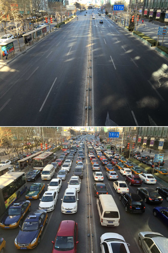 這是大年初一和春節(jié)前朝陽(yáng)門(mén)外大街上交通狀況對(duì)比（拼版照片：上圖，2016年2月8日攝；下圖，2016年2月2日攝）。