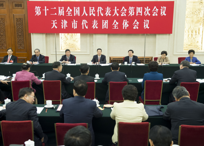 3月6日，中共中央政治局常委、國(guó)務(wù)院副總理張高麗參加十二屆全國(guó)人大四次會(huì)議天津代表團(tuán)的審議。新華社記者 王曄 攝