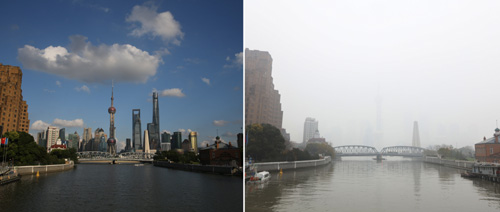 左圖：2015年9月8日在上海外灘拍攝的浦江兩岸；右圖：2015年12月23日拍攝的霧霾下的浦江兩岸（拼版照片）。新華社記者 丁汀 攝